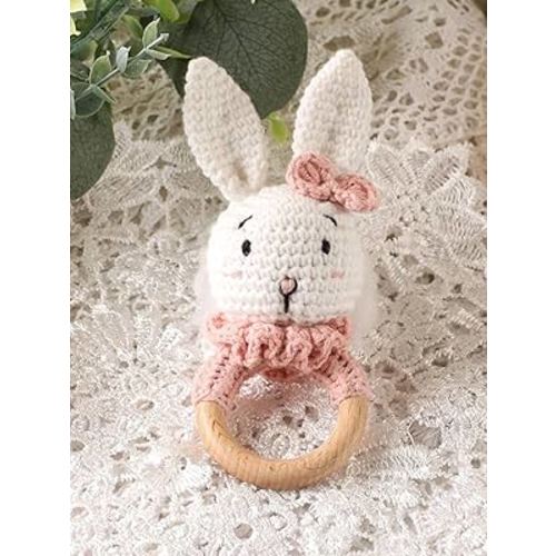 Ylsteed Wooden Baby Rattle Crochet Baby Rattle Stuffed Baby Doll Shaker Toy with Wooden Baby Crochet Bunny Rattle Toy Knitted Stuffed Animals for Babies Baby Shower Gift