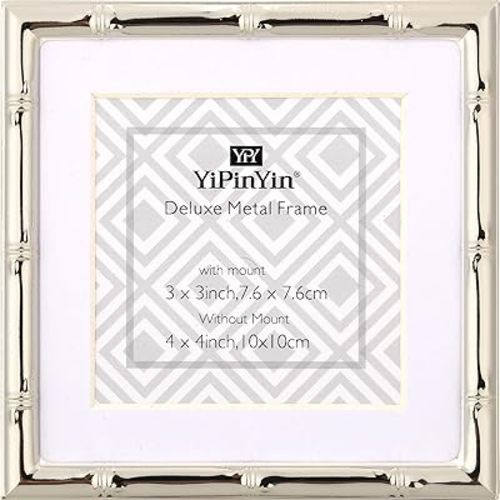 4x4''Bamboo Detail Silver Metal Picture Frame Mat 3x3'',Elegant Silver Plated Baby Nurse Photo Frames 4x4''With Soft Touch Velvet Backing for Desktop and Wall Décor