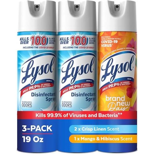 Lysol Disinfectant Spray, Household Cleaning Supplies, Disinfecting Multi-Purpose Room Spray, Antibacterial Sanitizer, Deodorizer, Kills Hantavirus, Crisp Linen + Mango & Hibiscus, 19 Fl Oz, 3-Pack