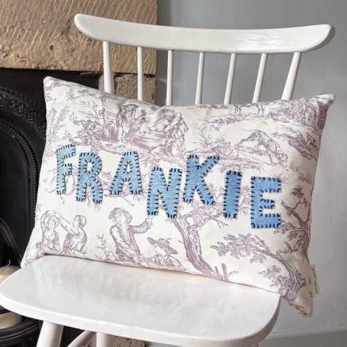 Personalised Toile Name Cushion – Handmade Felt Appliqué Nursery / Christening Gift
