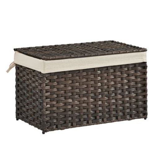 SONGMICS Storage Basket with Lid, 17.2 Gallon (65L) Storage Bin, Woven Blanket Storage Basket with Handles, Foldable, Removable Liner Brown