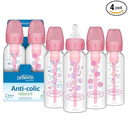 Dr. Brown's Anti-Colic Options+ Narrow Baby Bottle, Pink Floral, 4-Pack | Natural Flow bottle clinically proven to reduce colic, 8 oz/250 mL with Level 1 Slow Flow Nipple, 0m+, BPA-Free