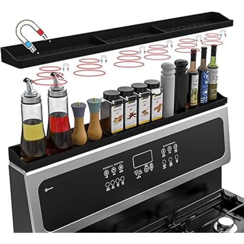 30 Inch Silicone Stove Top Shelf Magnetic for Kitchen, Strong Magnetic Heat Resistant Spice Rack Organizer for Over Stove Oven - (Black)