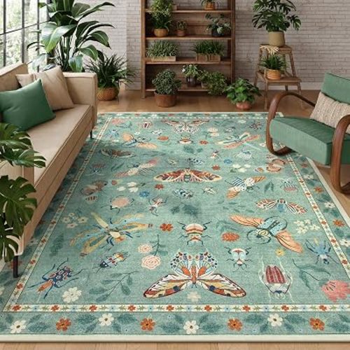 Lahome Insect Washable Rugs for Living Room, Soft 6x9 Area Rugs for Bedroom, Ultra-Thin Non Slip Green Area Rug Throw Carpet for Dining Room Office Vionnet(6'x9',Green)