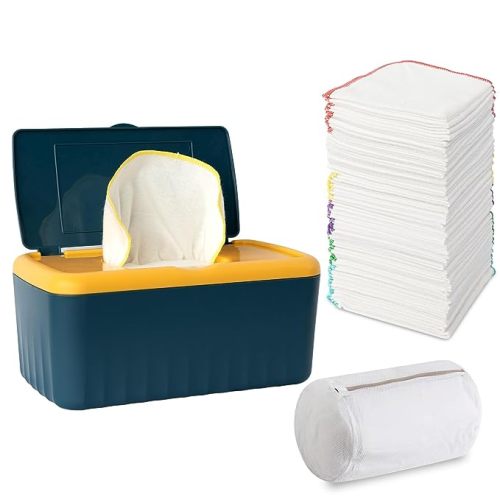 FAMOPLAY 54 Packs Flannel Cloth Baby Wipes with Dispenser, Reusable Natural Skin-Friendly Baby Wipes, Body Face Hand Washcloth Essential for Cloth Diapers 8x8 inch