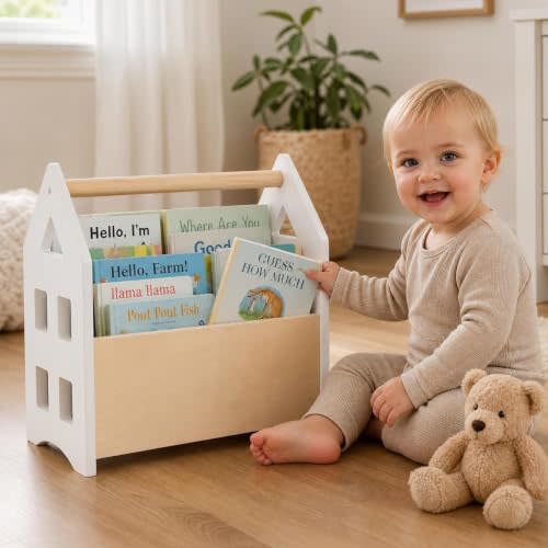 Decorative Wooden Bookshelf with Handle for Kids Rooms - Montessori Shelf | Keeps Books Neatly Organized and Within Reach for Toddlers - Easy Install Book Shelf for Baby's Bedroom or Playroom Decor