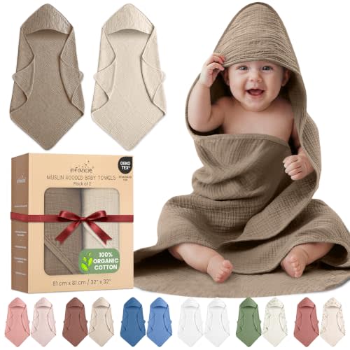 OEKO TEX 100% Organic Cotton 2 PK Muslin Baby Hooded Towel Toddler 32x32 in | Oeko-TEX Certified, Bath & Hooded Towels, Baby Towel, Pink Bath Towels, Olive/Ivory Unisex Design, Lightweight And Breathable