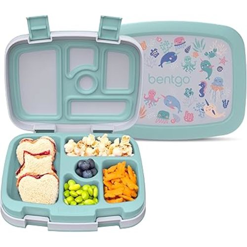 Bentgo Kids Prints Leak-Proof, 5-Compartment Bento-Style Kids Lunch Box - Ideal Portion Sizes for Ages 3-7, Durable, Drop-Proof, Dishwasher Safe, & PFAS & BPA-Free Materials (Sea Life)