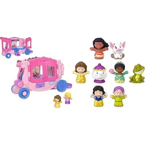 Bundle of Fisher-Price Little People Disney Princess Pull-Along Musical Carriage Playset with Figures for Ages 18+ Months + Fisher-Price Little People Disney Princess 8-Piece Figure Set for 18+ Months