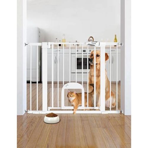Babelio Baby Gate with Adjustable Cat Door,29-43" Auto Close Durable Pet door for Stairs,Doorways and House,Pressure Mounted,Easy Install,Effortless Walk Thru,White
