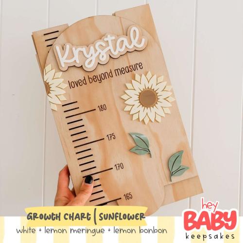 Personalised Growth Chart - SUNFLOWERS | Girls Room Decor | Flower Theme | Acrylic Growth Chart | Wooden Ruler | Measure | Baby Height