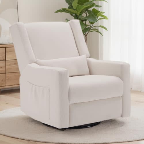 Tbfit 32" Nursery Rocking Chair, 360° Swivel Recliner Chair with Lumbar Support for Bedroom, Comfy Upholstered Armchair with Pillows & Footrest for Living Room & Baby Room
