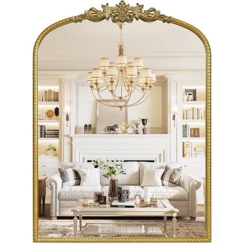 WallBeyond Gold Vintage Mirror for Vanity 32x24 Inch, Gold Antique Mirror with Ornate Frame, Arched Vintage Wall for Bathroom, Living Room, Fireplace, Entryway
