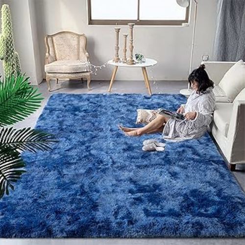 DweIke Fluffy Navy Blue Shag Rugs for Bedroom Living Room, 6x9 Large Soft Plush Tie-Dyed Dark Blue Girls Boys Kids Rug, Non-Slip and Machine Washable Carpet for Dorm Nursery Classroom Decor