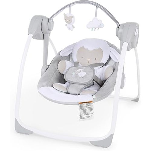 Ingenuity Comfort 2 Go Compact Portable 6-Speed Cushioned Baby Swing with Music, Folds Easy, 0-9 Months 6-20 lbs (Cuddle Lamb)