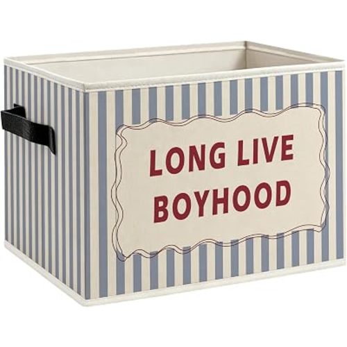 Retro Boy Nursery Foldable Storage Bins Box with Handles, Long Live Boyhood Blue Striped Decorative Storage Boxes Baskets Toybox Organizer for Kids Boy Nursery Room Bedroom Playroom