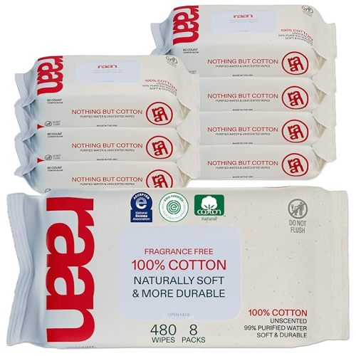 Raan, 100% Cotton Baby Wipes, Unbleached, 99% Purified Water, Unscented, EWG verified, For Extra Sensitive Skin, Naturally Soft and Durable, 4 pack, 240 Count