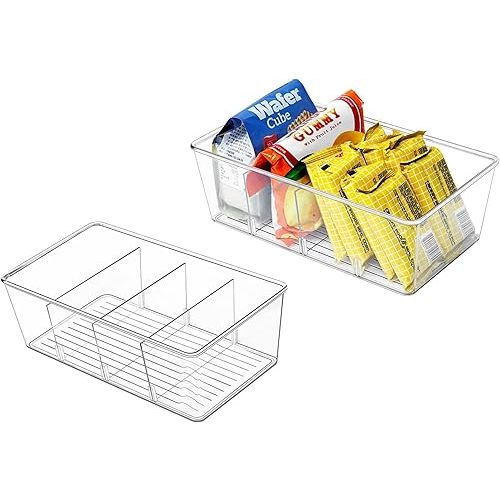 2 Pcs Clear Pantry Organizers and Storage,Plastic Storage Bins for Fridge with Removable Dividers, Kitchen Cabinet Organizers Ideal for Kitchen, Pantry, Refrigerator, Freezer, and Snack Storage
