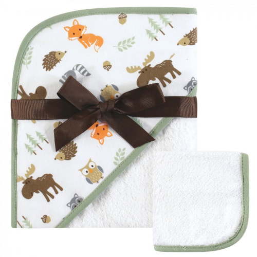 Hudson Baby Boy's Bath Pack: Cotton Hooded Towel & Washcloth 2pc Set, Woodland, One Size, Perfect Gift