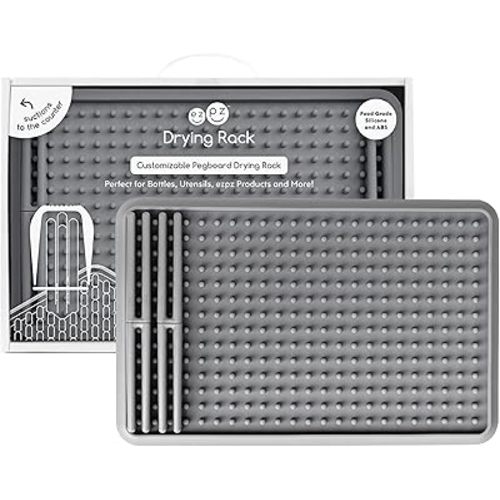 ezpz Drying Rack (Gray) - Silicone Dish Drying Rack with Suction Base - Adjustable Pegs - Odor-Resistant - Dry + Store Baby/Toddler Gear