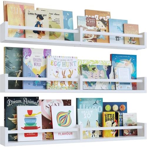White Nursery Bookshelves,32Inch, Floating Nursery Shelves - Set of 3 - Book Shelf Organizer for Baby Nursery Room Decor, Wall Shelves for Kitchen Spice Rack, Pine