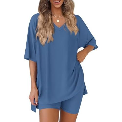 PRETTYGARDEN 2 Piece Sets for Women Summer 2026 Lounge Short Set Spring Matching Biker Shorts V Neck Oversized Shirt Clothing