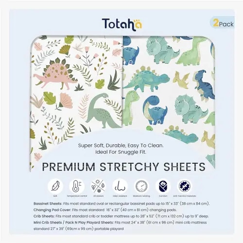 TotAha Dinosaur Crib Sheets for Boys, Premium Soft Crib Mattress Fitted Sheet, Ultra Breathable Baby Sheets, Super Stretchy Baby Bed Sheets 28x52x9 Extra Deep Pocket, 2 Pack