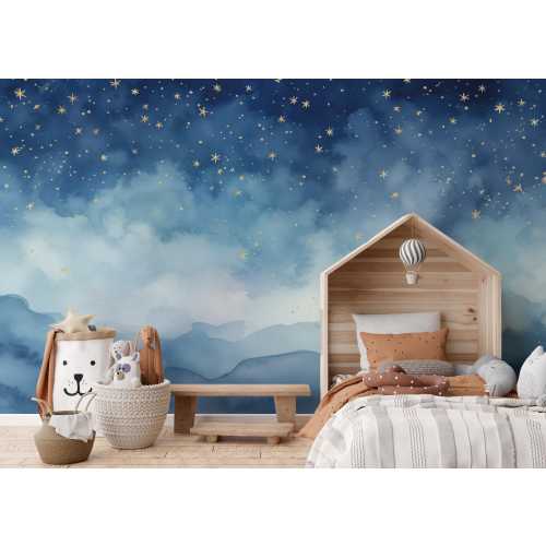 Celestial Starry Night Sky Nursery Wallpaper – Watercolor Clouds Gold Stars Removable Peel and Stick Statement Wall Mural - Baby Girl & Boy