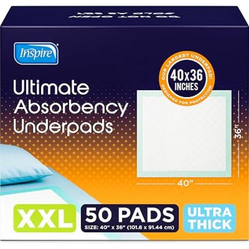 Inspire Extra Large Super Absorbent Disposable Bed Pads for Incontinence Ultra Thick and Absorbent Bed Pads Disposable Adult | Puppy Pads Pee Pads for Adults (40" X 36" Pack of 50)