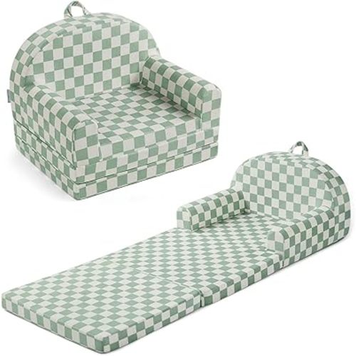 Blissful Diary Foldable Toddler Couch, 2-in-1 Comfy Toddler Chair & Lounger for Reading, Nap, Playroom, Kids Couch Sofa for Girls Boys Birthday Gift, Sage Checkered