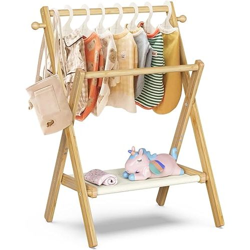 Baby Clothing Rack for Baby Shower Pets Dolls, Baby Clothes Rack with Storage Shelf & Double Rods, Toddler Clothes Rack, Mini Closet Baby Shower Rack (Natural)