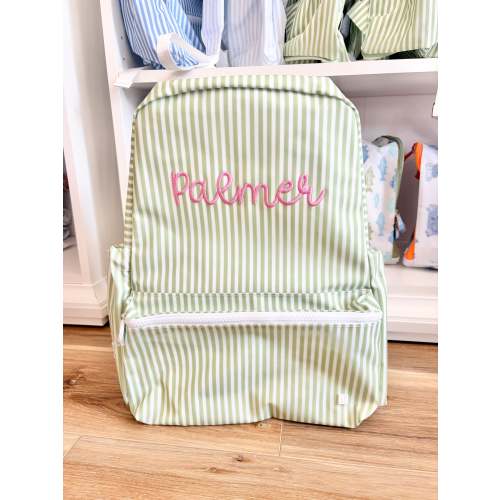 TRVL Sage Stripe Backpack- Bubbly Font Name
