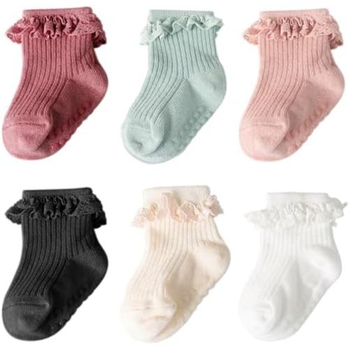 DRESHOW BQUBO Baby Girls Toddler Anti Slip Socks - Cute Frilly Ruffle Grip Ankle Socks for Infant Toddler