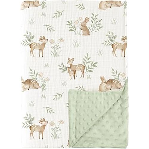 Konssy Baby Blankets for Unisex Boys Girls, Super Soft Nursery Minky Blankets with Muslin Cotton Front and Dotted Fleece Backing, Printed Bed Throws Newborn