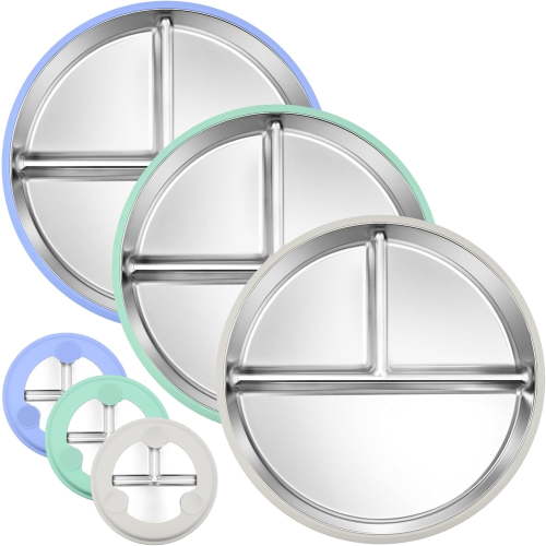 3-Pack Stainless Steel Baby Plates with Suction, BPA-Free Stainless Steel Kids Plates, 9” Divided Toddler Plate for Dishwasher Safe, Non-Slip Silicone Base, Detachable Design