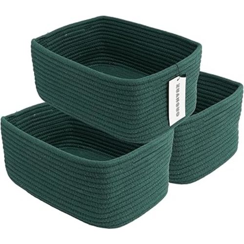 Small Woven Storage Baskets 12“X8”X5“ Decorative Rope Bins for Organizing Shelves, Closets, and Toys, Empty Gift Baskets, Cute Organizer Basket for Home and Office (dark green, regular)