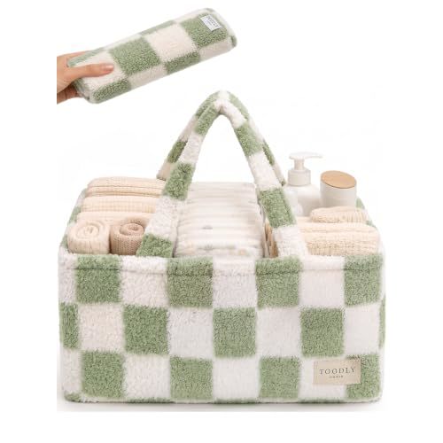 Baby Diaper Caddy Organizer with Waterproof Changing Pad, Checkered Green | Sherpa teddy fleece nursery storage basket, removable velcro dividers, wipeable interior, newborn shower gift, car and travel