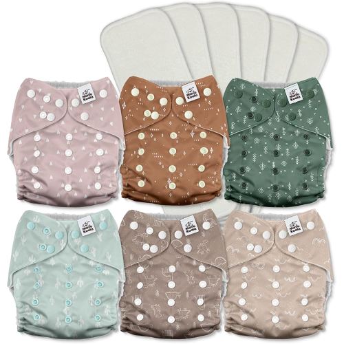 Mama Koala 3.0 Pocket Cloth Diapers for Babies with AWJ Lining, 6 Pack with 6 5-Layer Natural Cloth Diaper Inserts - Reusable and Washable Pocket Diapers(A-My Warm Heart)