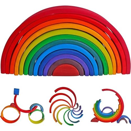 Dinhon Wooden Rainbow Stacking Toys, 12 Pcs Wood Building Blocks Set Wooden Building Blocks Nesting Puzzles, Early Matching Educational Learning Montessori Toys for Kids 3 4 5 6 Years and Up