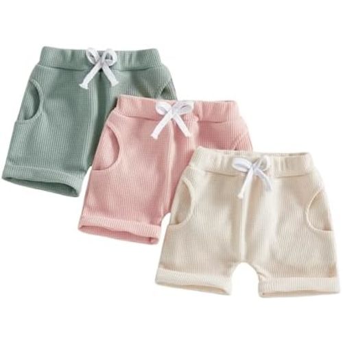Sejardin Toddler Baby Girl Shorts 3 Pack Solid Waffle Elastic Waist Bottoms Infant Summer Casual Shorts