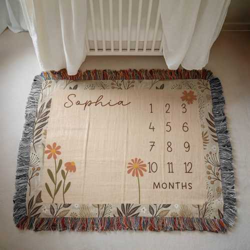 Personalized Baby Girl Milestone Blanket, Custom Floral Monthly Blanket With Name, Wildflower Woven Blanket, Baby Shower Gift Newborn