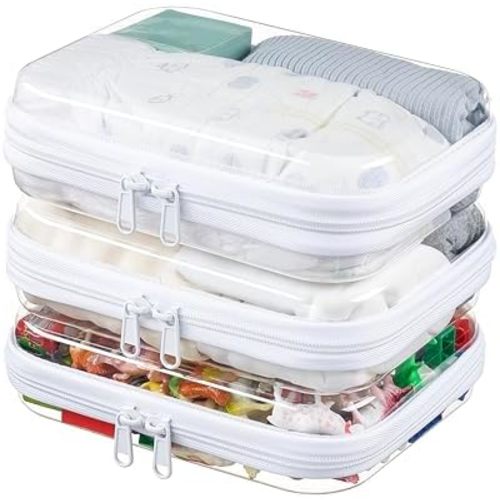 3-Pack Medium Clear Hard Shell Zipper Pouches, Clear Zipper Bags, Hard Case Pouches for Purse & Diaper Bag Organizer,and Travel Essentials (3M