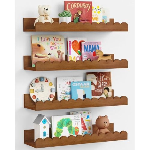 Harwaya Walnut Nursery Book Shelves Wall Set of 4, Dark Wood Scalloped Floating Bookshelf for Wall, Cloud Wooden Hanging Shelving Unit for Kids Bedroom Baby Child Toddler Room Kitchen (Walnut Brown)