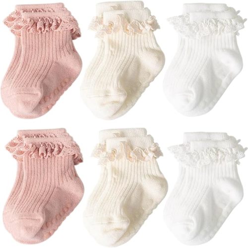 AQOKKA Baby Girl Toddlers Socks with Non-slip Grip Cute Frilly Ruffle Ankle Soft Cotton Newborn Baby Socks for Infant Kids