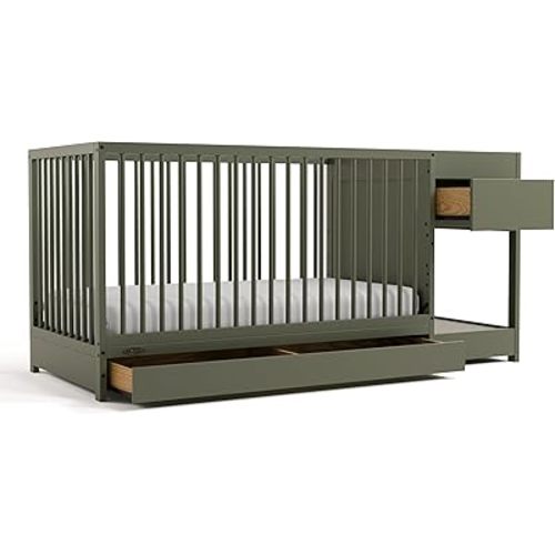 Graco Teddi 5-in-1 Convertible Crib & Changer with Drawer (Olive) – GREENGUARD Gold Certified Baby Crib Crafted from Wood, Converts to Toddler Bed, Daybed, and Full-Size Bed