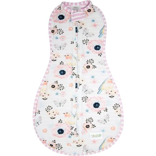Woombie Original Baby Swaddling Blanket - Self-Soothing, Cotton Baby Swaddle with Zipper - Wearable Newborn Blanket, Birdie Front/Stripes Back, 14-19 lbs