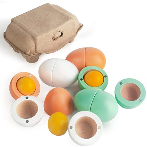 WHOHOLL Wooden Eggs, Play Food Sets for Kids Kitchen, Easter Fake Eggs with Magnetic Separable Yolk, Pretend Play Kitchen Toy Food for Kids, Toddlers Boys Girls Gifts for Pre-school Education Birthday - Magnet Cutting