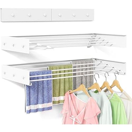 Wall Mounted Drying Rack for Laundry 31.5'', Folding Clothes Drying Rack Wall Mount with 5 Rods and 6 Hooks, Space Saving Collapsible Towel Rack for Indoor Outdoor Bathroom Balcony (White, 31.5'')