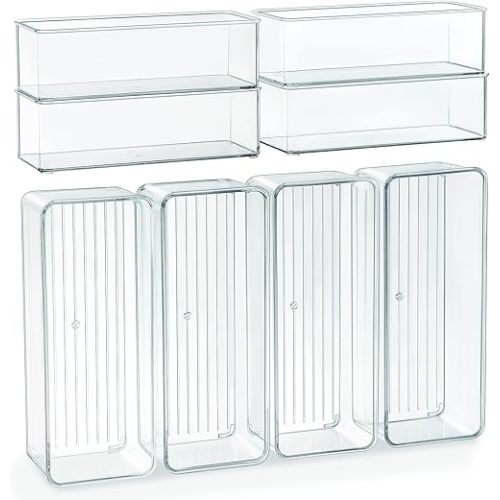 Clear Drawer Organizer Bins 8 Pack Stackable Storage Bins for Cutlery Vanity Bathroom Deep Drawer Organizer Tray for Kitchen Cabinet Closet Counter Refrigerator Organization and Storage