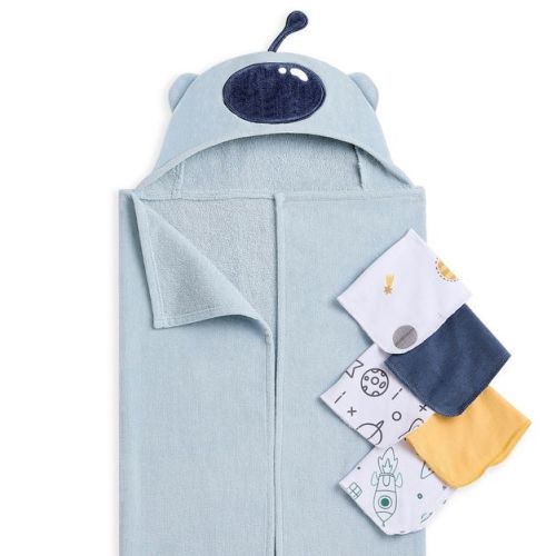 evolur 6-Piece Gift Set – Hooded Towel & 5 Wash Cloths (Newborn Bath Set, Themed Prints)- Space Print